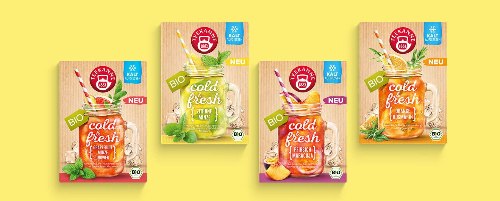 Vier leuchtende Schachteln für kalten, frischen Tee mit Abbildungen von Früchten, Eis und Minze auf gelbem Hintergrund.