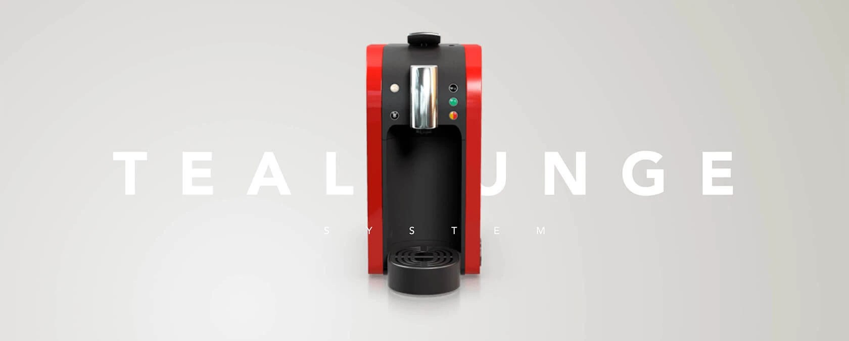 Rote und schwarze Kaffeemaschine mit TEALOUNGE SYSTEM Text in fetten weißen Buchstaben dahinter.