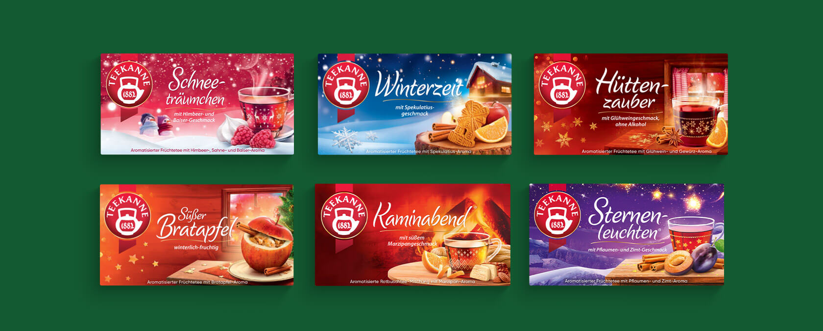 Sechs festliche Teepakete mit winterlichen Themen, mit Tassen, Früchten, Gewürzen, Keksen und Sternen.