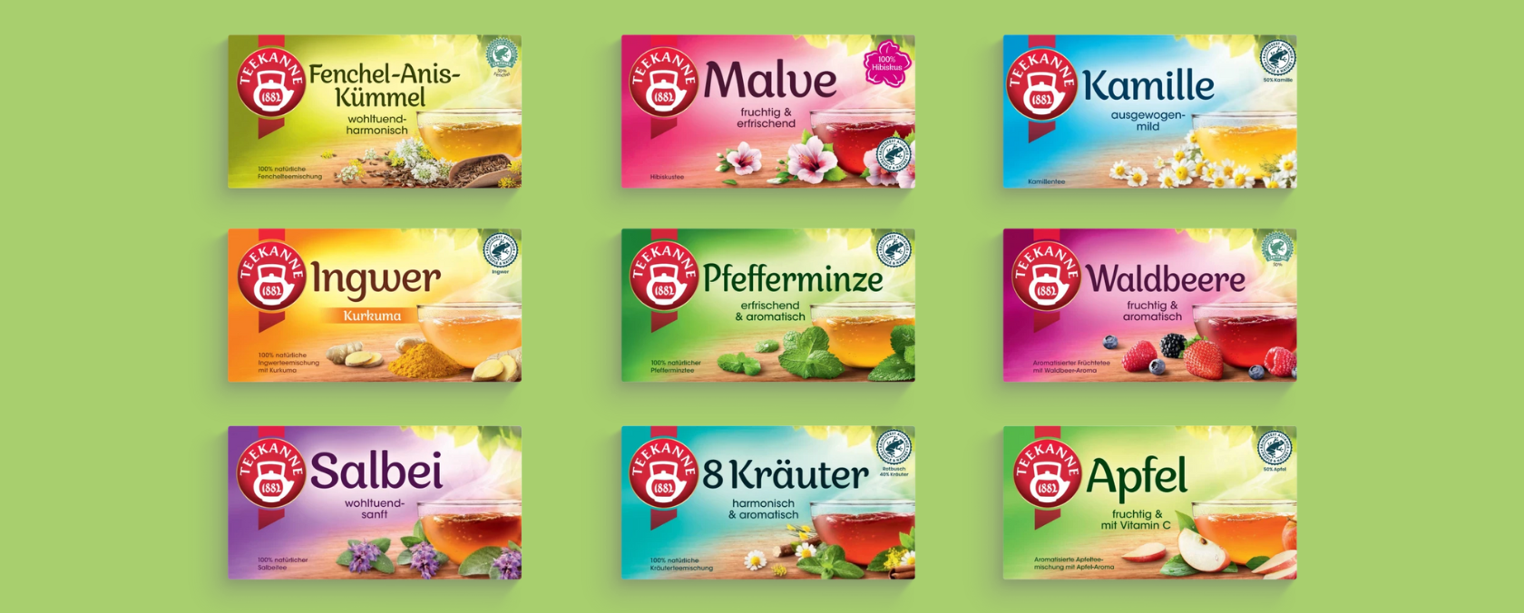 Neun sortierte Teedosen mit verschiedenen Geschmacksrichtungen in drei Reihen auf grünem Hintergrund.