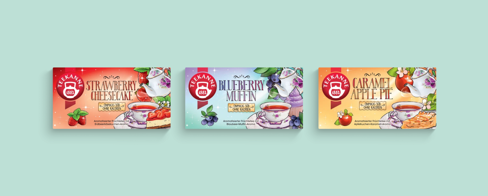 Drei leuchtende Teedosen zum Thema Dessert mit Illustrationen von Früchten und Teetassen auf helltürkisem Hintergrund.