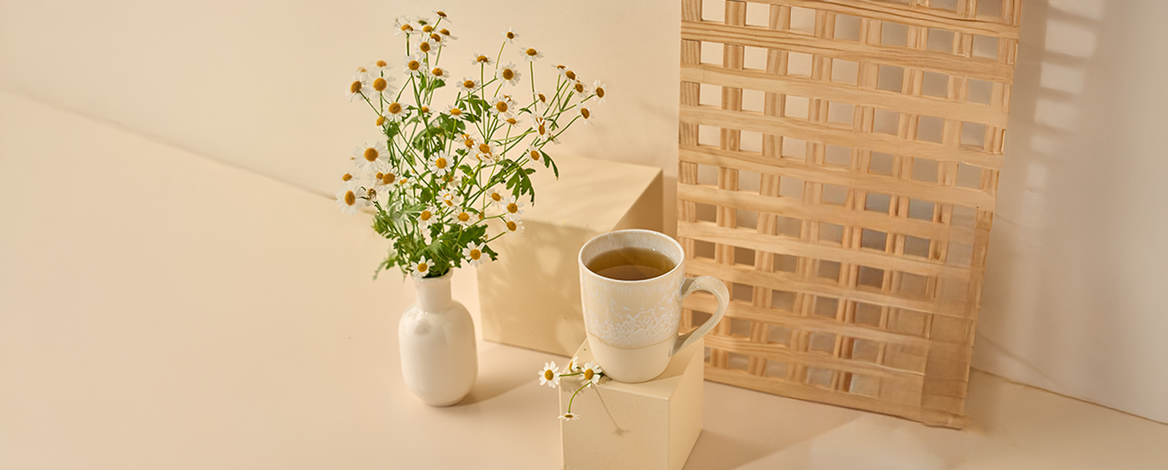 Eine Tasse Kamillentee steht auf einem Holzblock. Neben ihr steht eine Vase mit frischen Kamillenblüten.