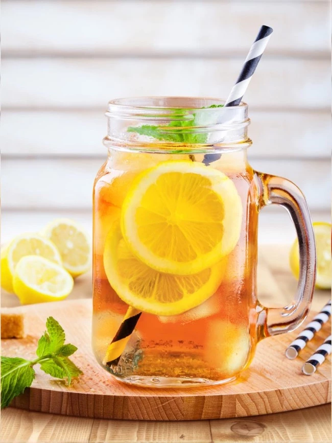 Eistee im Einmachglas mit Zitrone, Minze, gestreiftem Strohhalm; umgeben von Zitronen, Minze, Zucker.