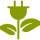 Grünes Blumensymbol mit steckerförmigen Blütenblättern, zwei Blättern und einem Stiel als Symbol für umweltfreundliche Energie.