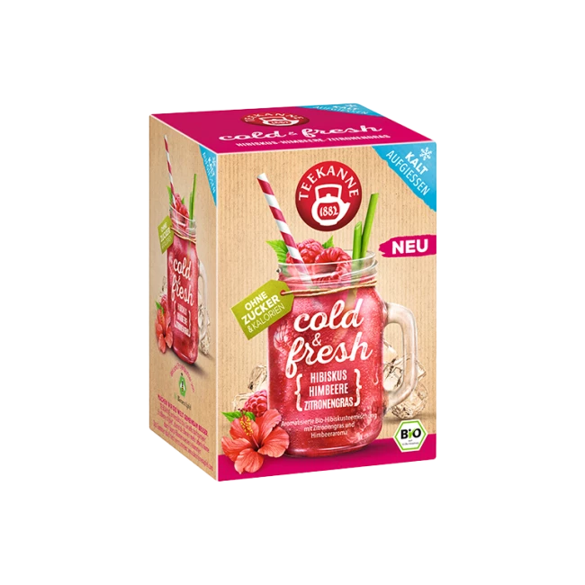 Teekanne Hibiskus Himbeere Zitronengras Kaltteebox mit rosa Eistee, Früchten, Blüten, Bio-Label.