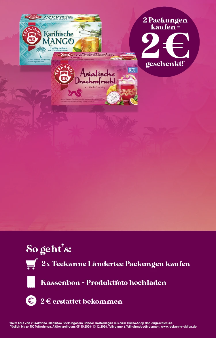 Drei Teekanne-Teeschachteln vor rosa Hintergrund, mit einem „2 für 2 Euro“-Angebot und Anweisungen zum Cashback.