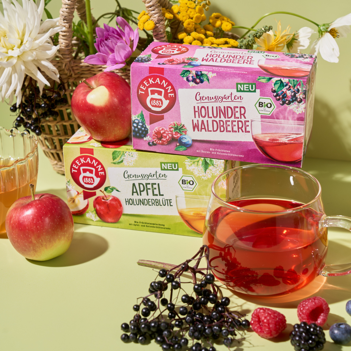 Teekanne Bio Holunder Waldbeere Teedosen sind mit einer gläsernen Teekanne, einer Tasse Tee, Äpfeln, Holunderbeeren und Blumen auf einer hellgrünen Oberfläche dargestellt.