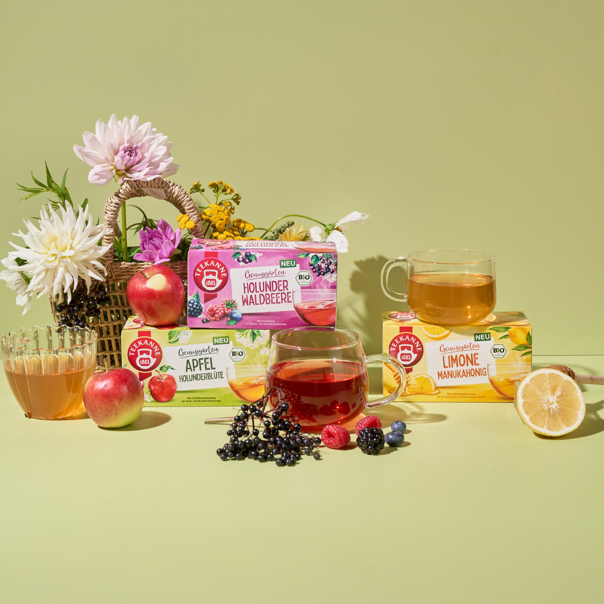Drei Schachteln Bio Limone Manukahonig werden mit Gläsern mit Tee, Äpfeln, Beeren, einer Zitronenhälfte und Blumen auf einem hellgrünen Hintergrund präsentiert. So entsteht eine frische und lebendige Szene, die fruchtige Aromen mit erfrischenden Limonenot