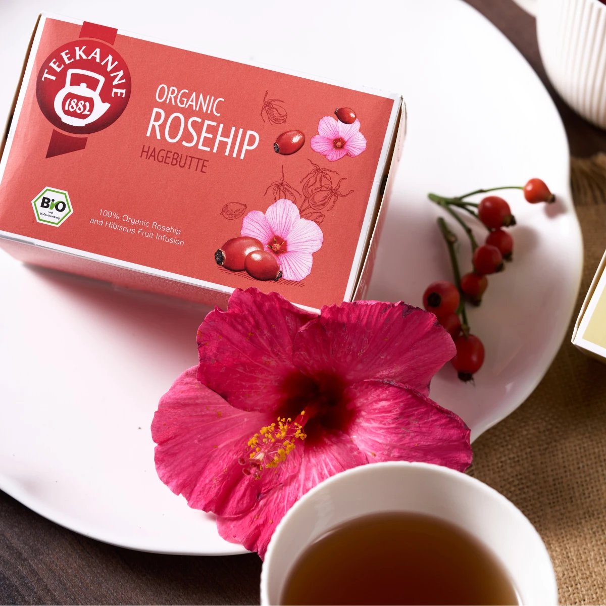 Eine Schachtel Bio-Hagebuttentee ruht auf einem weißen Teller mit Hagebutten, einer rosafarbenen Hibiskusblüte und einer Tasse Tee, so dass eine frische und einladende Früchtetee-Szene entsteht.