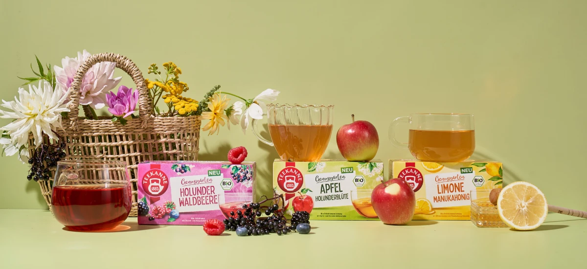 Drei Tassen Kräutertee, verschiedene Früchte (Apfel, Zitrone, Beeren), frische Blumen in einem Korb und drei Schachteln Bio Apfel Holunderblüte Tee sind auf einer hellgrünen Fläche vor einem blassgrünen Hintergrund angeordnet.