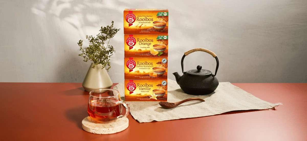 Neben einem Glas Tee, einer schwarzen Teekanne, einem Holzlöffel mit Rotbusch-Tee und einer kleinen Vase mit Grünpflanzen stehen drei Schachteln „Bio Rooibos Orange“ auf einem roten Tisch mit einem hellen Tischtuch.