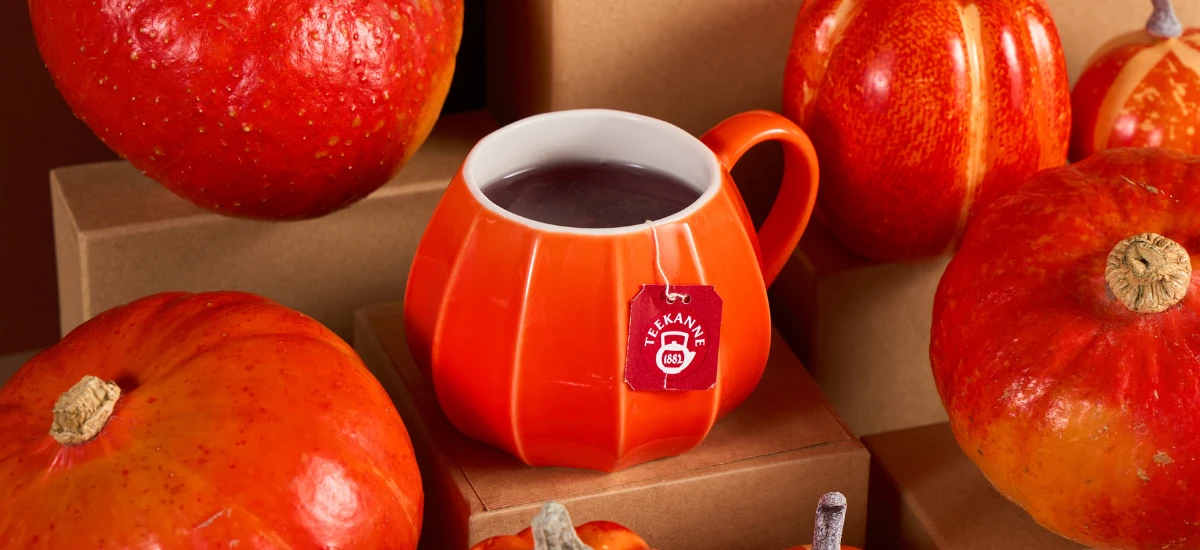 Ein kürbisförmiger orangefarbener Pumpkin Spice-Becher mit einem T2 TEA-Beutel steht zwischen Kürbis und braunen Schachteln und sorgt für gemütliche Herbststimmung.