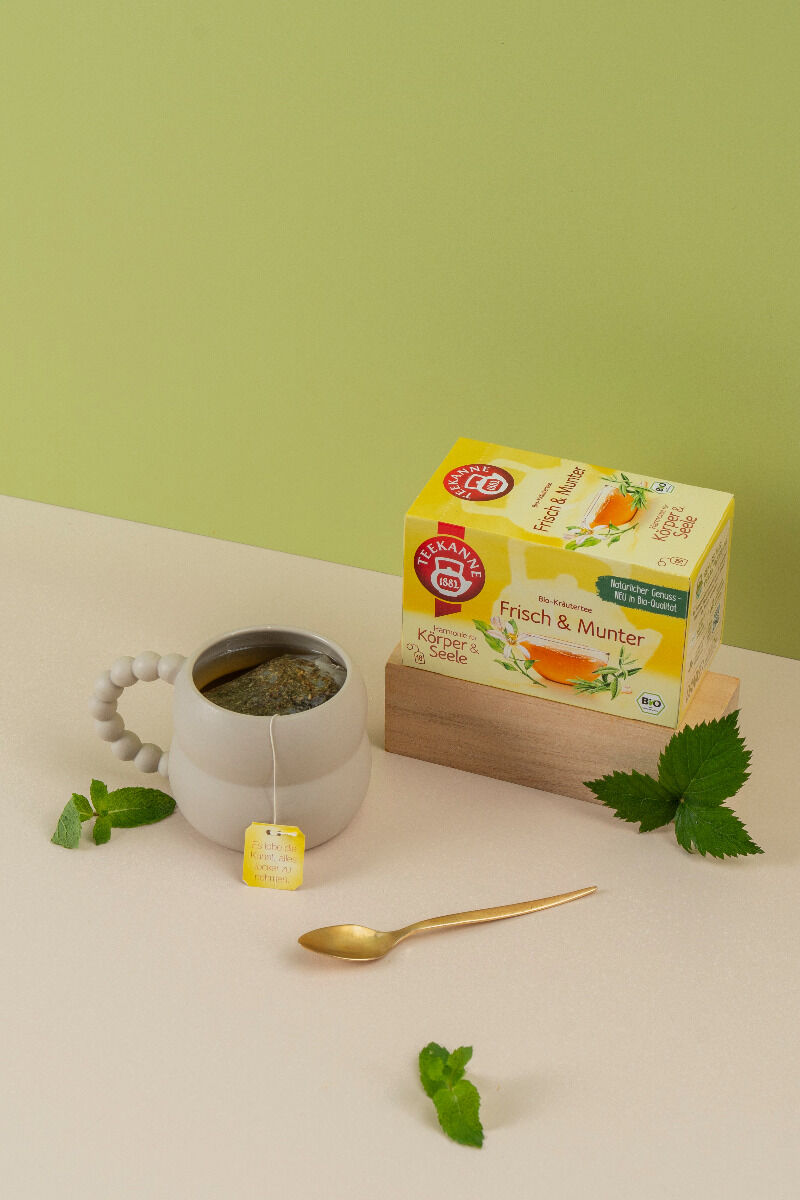 Eine Tasse Tee mit Teebeutel, goldenem Löffel, frischen Minzblättern und einer Schachtel Sonnentor Frisch & Munter Kräutertee steht auf einer beigen Fläche vor einem hellgrünen Hintergrund – ideal für Ihr Harmonie für Körper & Seele Mix & Match.
