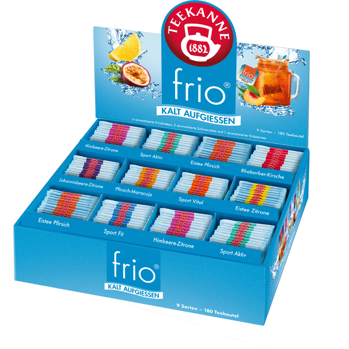 Eine blaue Displaybox mit der Aufschrift „frio Collection Box mit 180 Tee-Beuteln“ mit 9 verschiedenen Cold Brew Eistee-Sorten in Einzelpackungen, mit Bildern von Früchten und Eistee sowie auffälligem Branding auf der Verpackung.