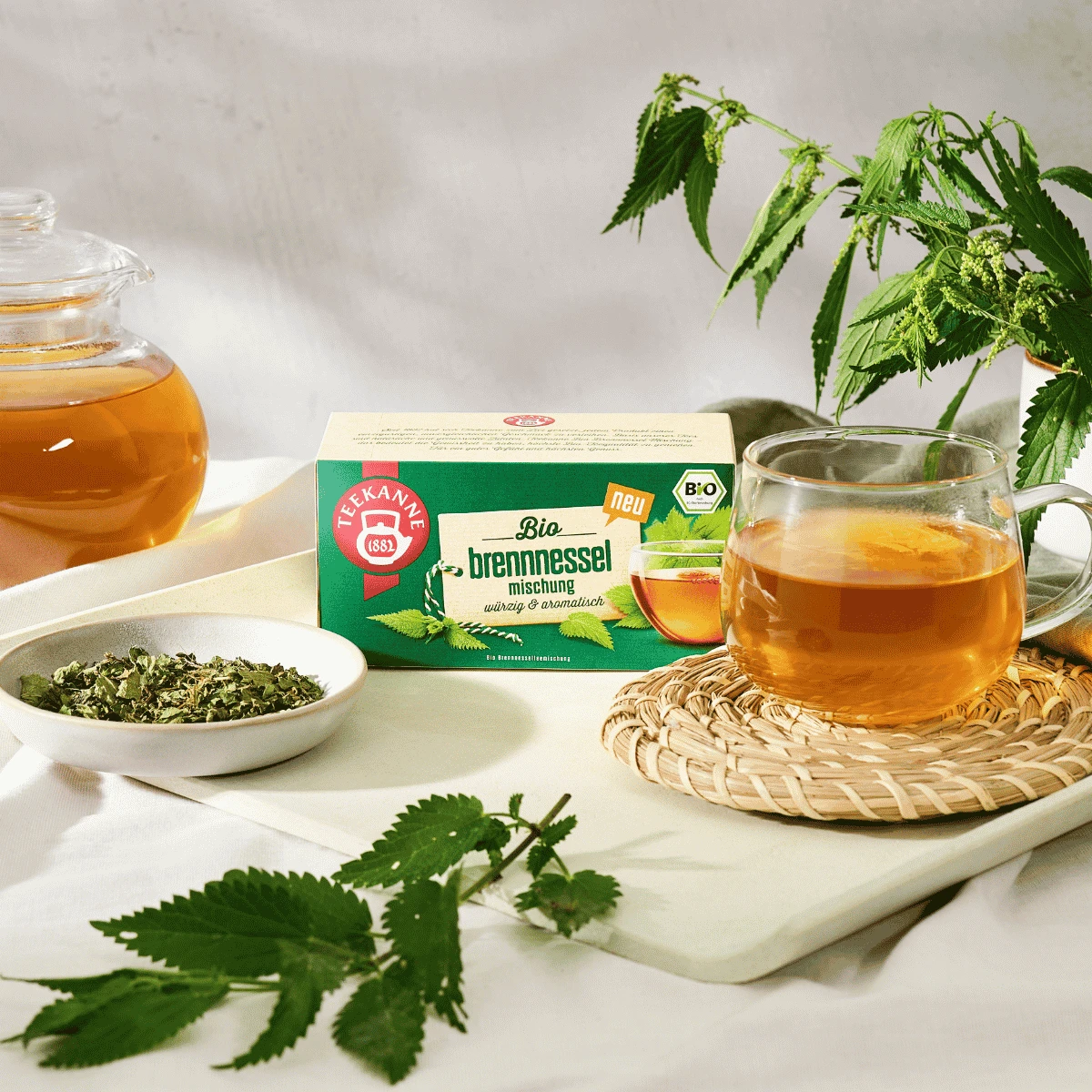 Neben einer Glas-Tasse mit würzigem Kräutertee steht eine Schachtel „Bio Brennnessel“, auf deren weißem Hintergrund getrocknete Kräuter, eine Teekanne und frische Brennnesselblätter zu sehen sind, während ein Hauch von Zitronengras diesem aromatischen „Bi