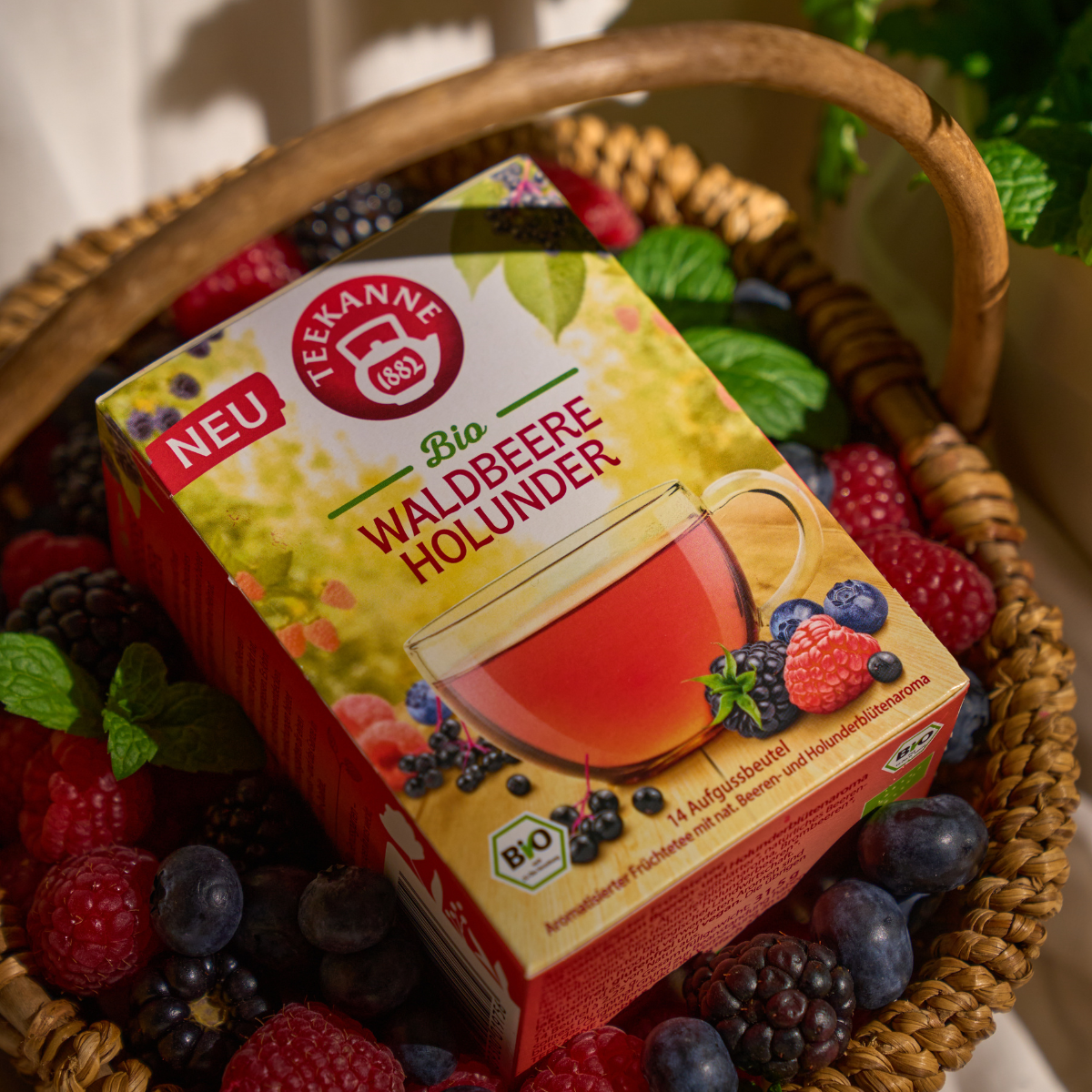 Eine Schachtel Bio Genussgarten Waldbeere Holunder liegt in einem Korb mit frischen Himbeeren, Brombeeren, Heidelbeeren und roten Johannisbeeren, dekoriert mit Minzblättern.
