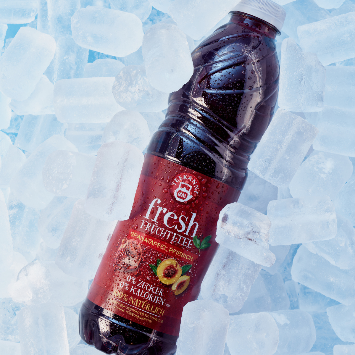 Eistee-Flasche auf Eiswürfeln