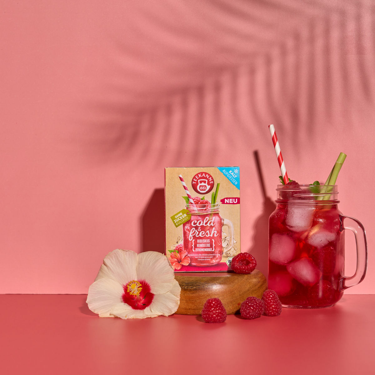 Ein Glas mit einem eisgekühlten roten Getränk und gestreiften Strohhalmen steht neben einer Schachtel mit kaltem und frischem Mix & Match, saftigen Grapefruitscheiben, einer Hibiskusblüte und Himbeeren auf einem rosa Hintergrund mit Blattschatten.