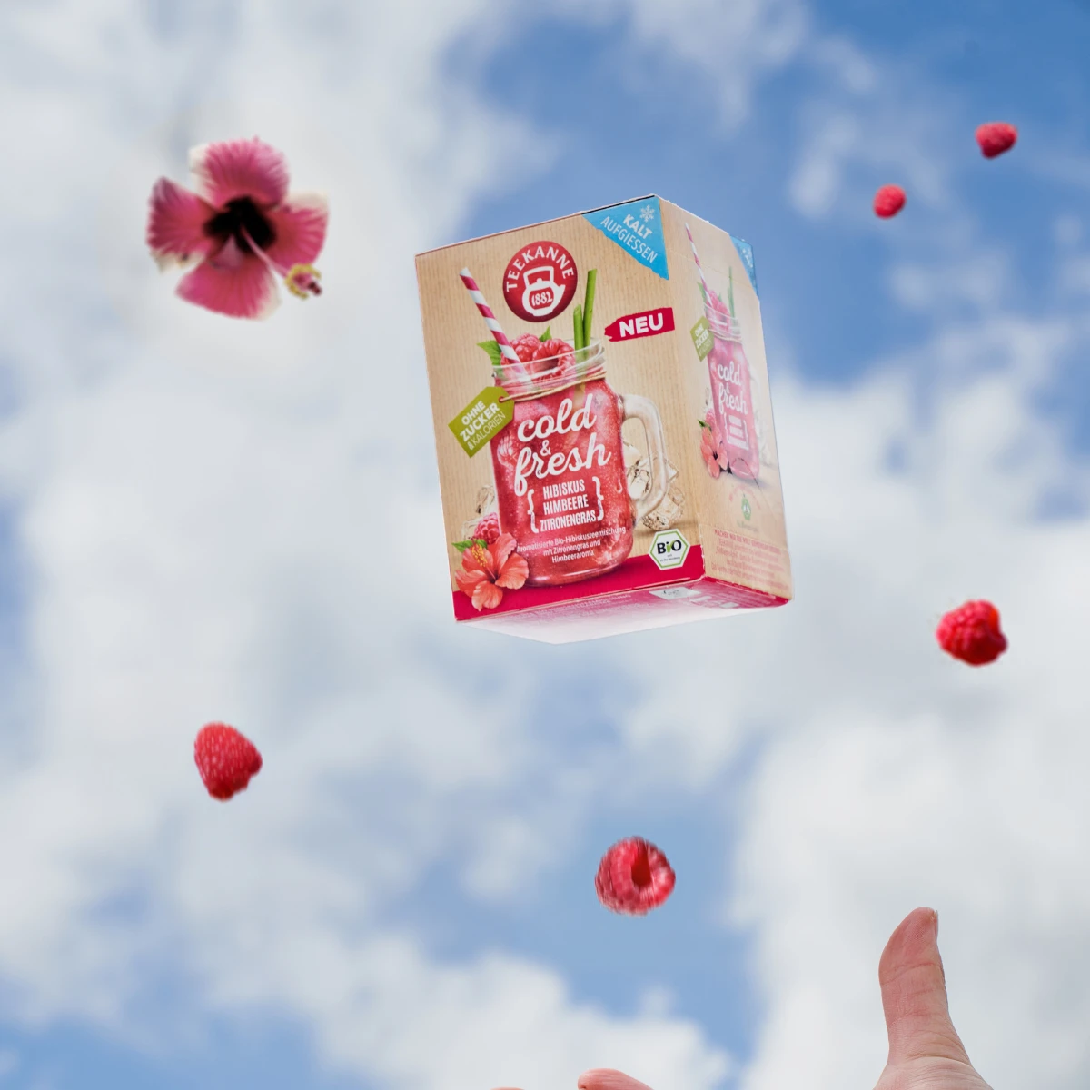 Eine Hand streckt sich nach oben zu einer schwebenden Schachtel mit kaltem und frischem Mix & Match, umgeben von Himbeeren, einer Hibiskusblüte und pikanten Grapefruitscheiben, vor einem strahlend blauen Himmel mit Wolken.