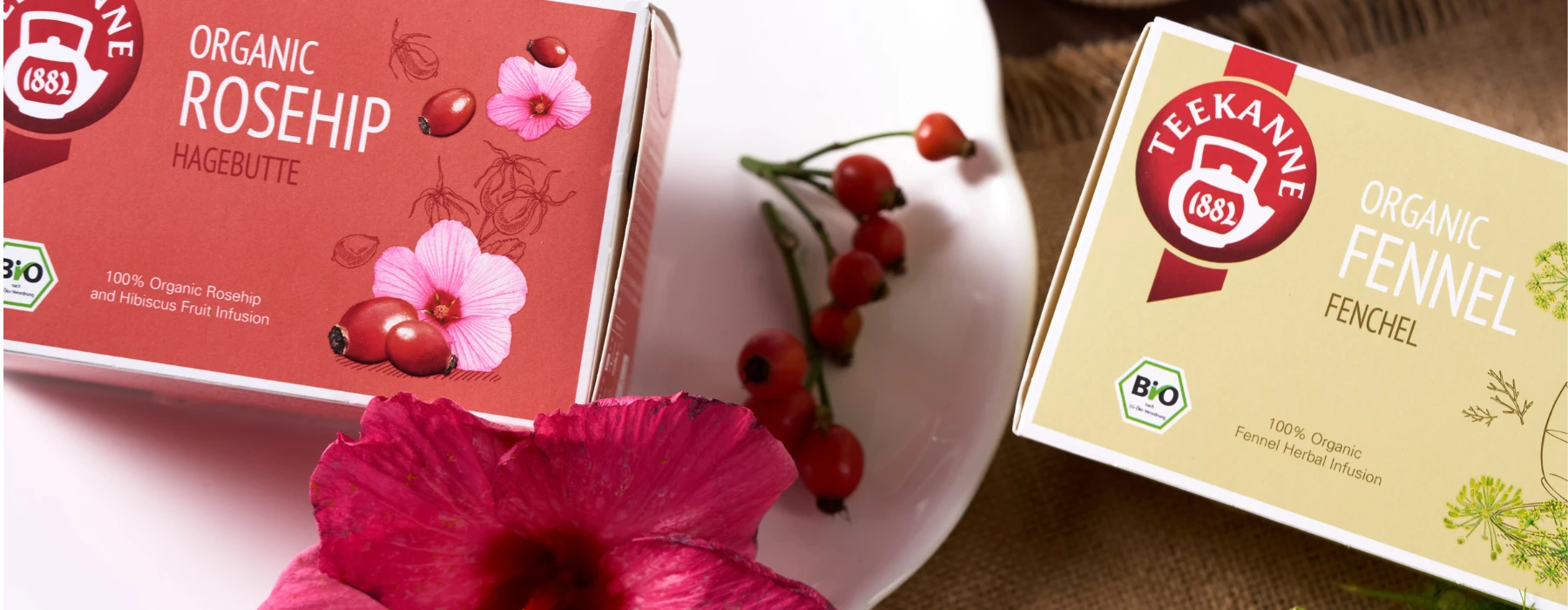 Zwei Schachteln Teekanne Bio-Hagebuttentee sind neben Hagebuttenbeeren, einer Hibiskusblüte und einem weißen Teller auf einer gewebten Fläche abgebildet. Perfekt für alle, die Bio-Tee kaufen möchten.