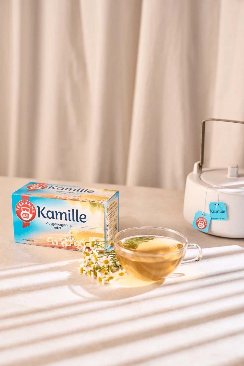 Eine Schachtel Kräuter- und Früchtetee Mix & Match, eine Glastasse mit Blütentee und ein Teezubereiter auf einem sonnenbeschienenen Tisch bilden den perfekten Rahmen, um Ihre Lieblingskräutermischungen zu genießen.