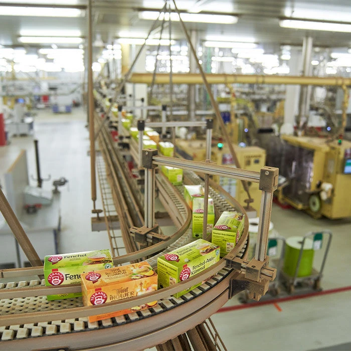 Kisten mit Betriebsbesichtigungs-Tee werden während einer Führung durch eine hell erleuchtete Fabrik auf einem Förderband bewegt. Im Hintergrund sind Maschinen, Teekannenprodukte und Verpackungsanlagen zu sehen.