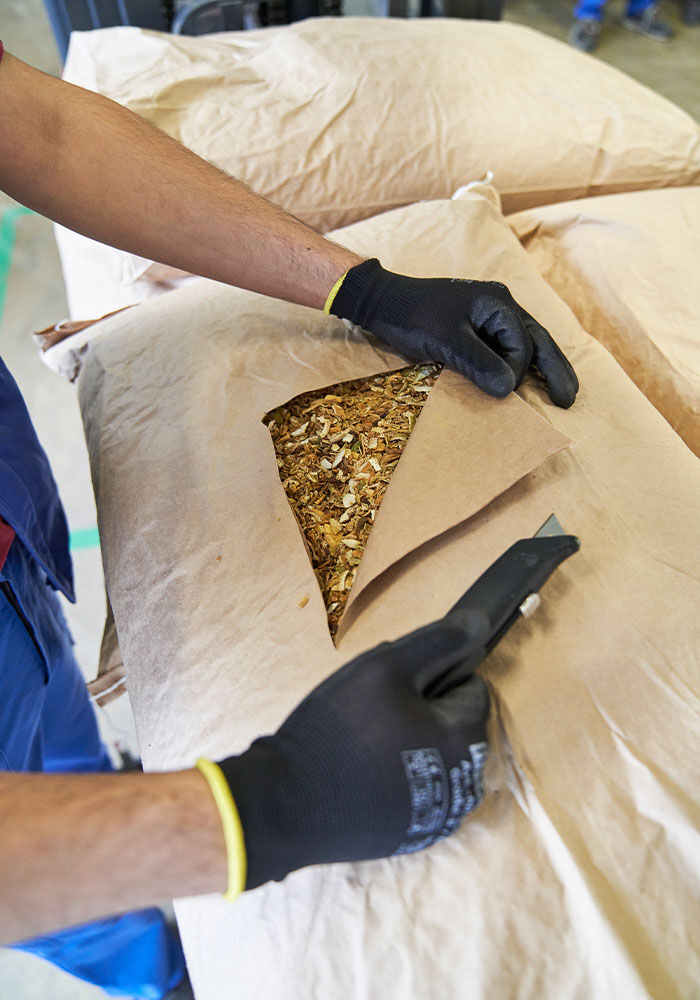 Während einer Betriebsbesichtigung schneidet eine Person in schwarzen Handschuhen mit einem Universalmesser eine große braune Papiertüte mit getrockneten Kräutern auf. In der Nähe sind mehrere ähnliche Tüten gestapelt.