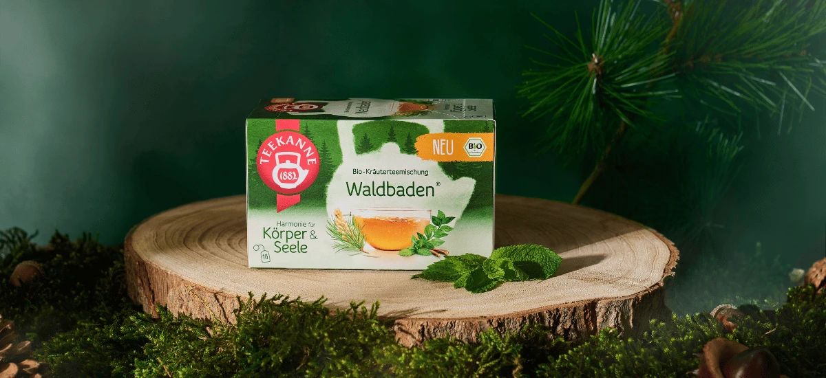 Eine Schachtel BIO Waldbaden® steht auf einer Holzplatte, umgeben von Moos, Tannennadeln, Kiefernsprossen und Minzblättern, und vermittelt so den Eindruck einer natürlichen, waldähnlichen Umgebung.
